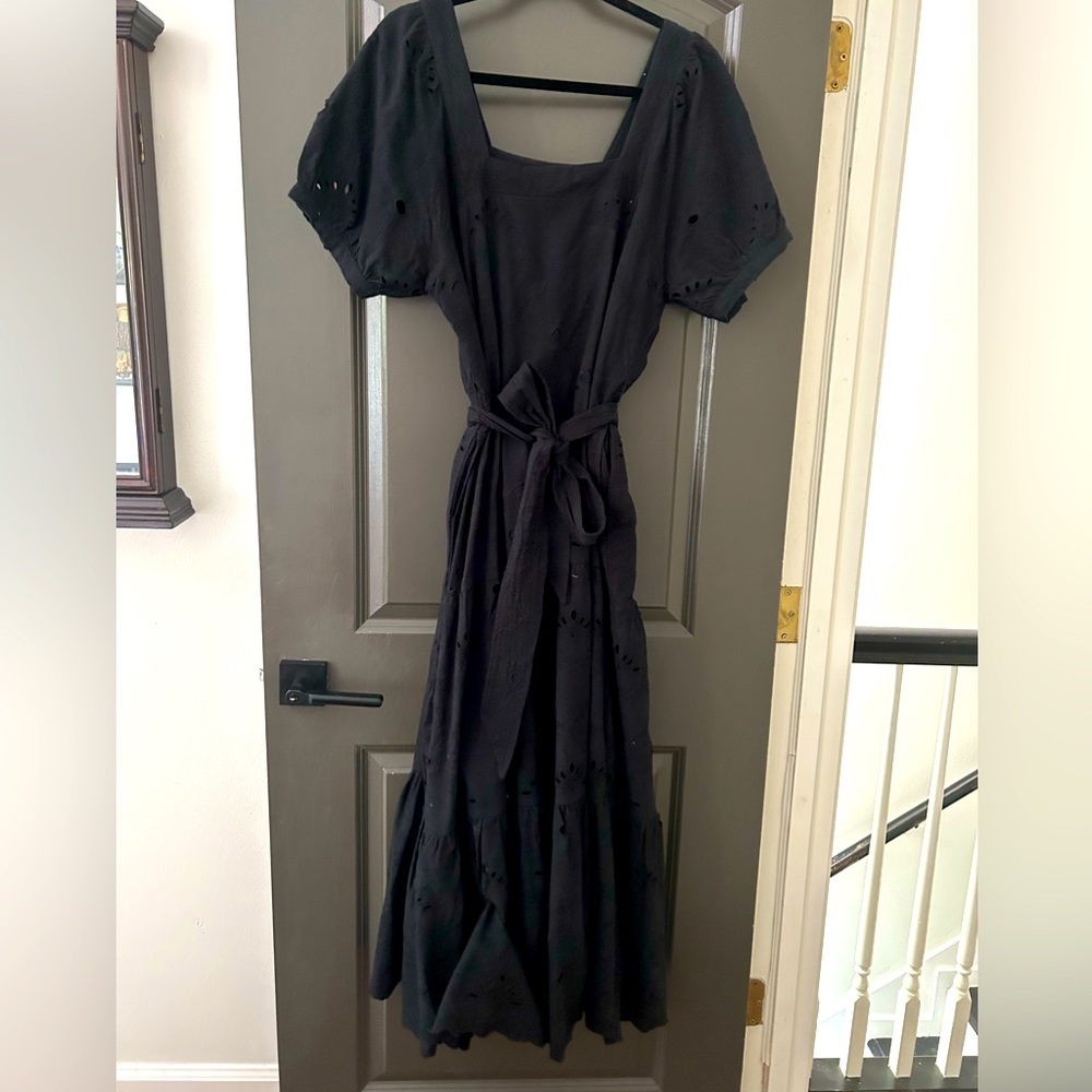Cleobella Size L (12-14) Black Cut-out Maxi Dress with Belted Tie, Puff Sleeve
